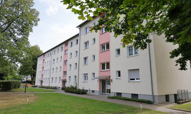 Blick auf die modernisierte Fassade eines Mehrfamilienhauses, im Vordergrund Wiese und Bäume